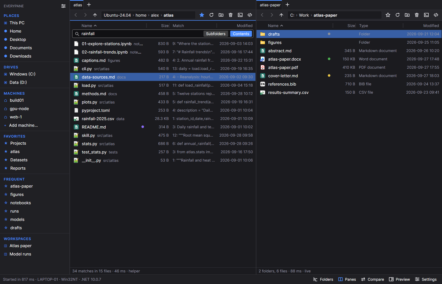 A search for rainfall in a WSL project shows matching files and the first matching line in each file.